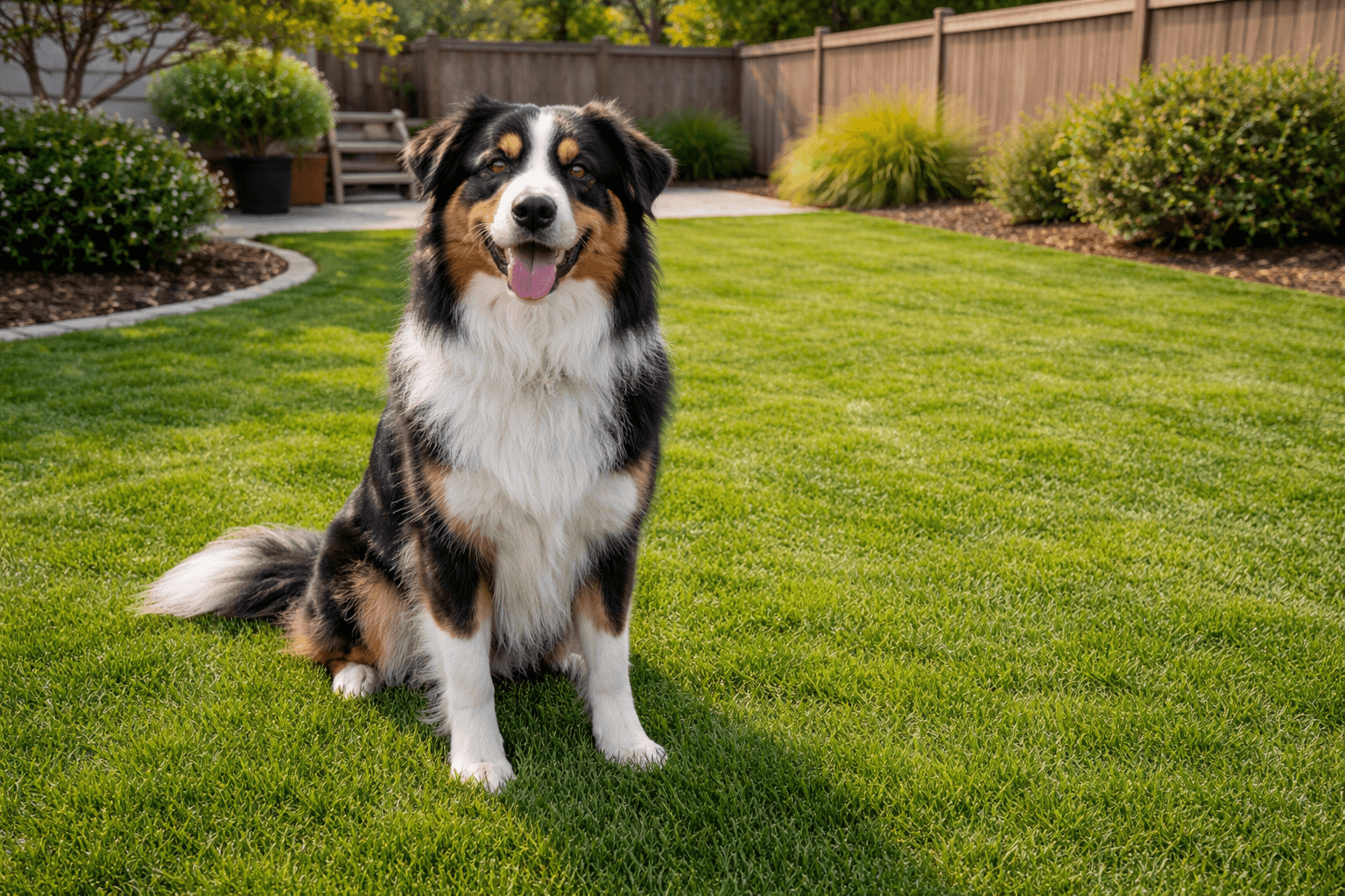 Dog relaxing in a freshly cleaned yard
